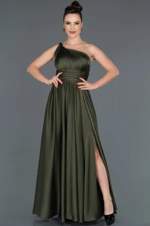 16035 Green One Shoulder Draped Slit Dress