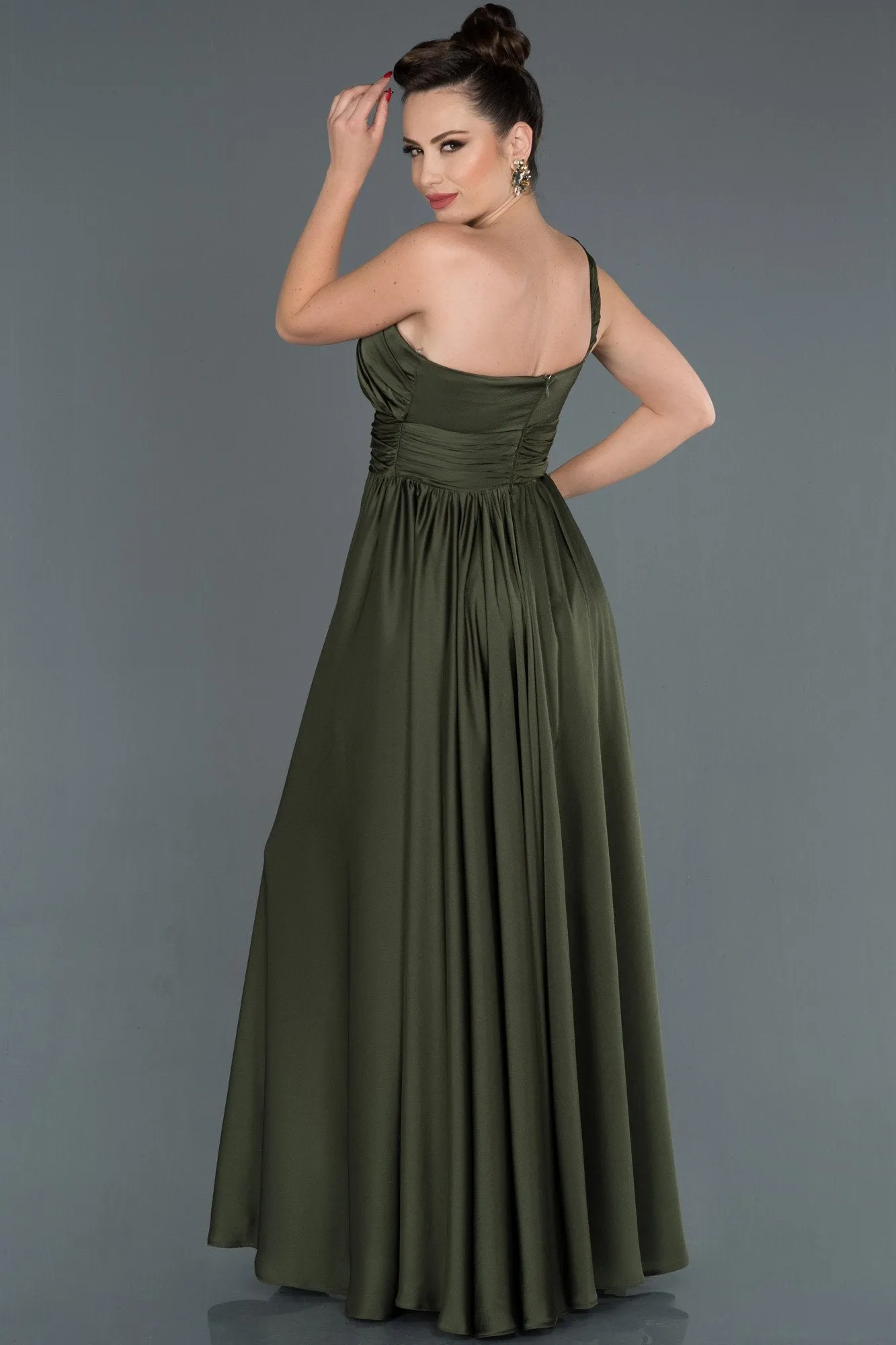 16035 Green One Shoulder Draped Slit Dress