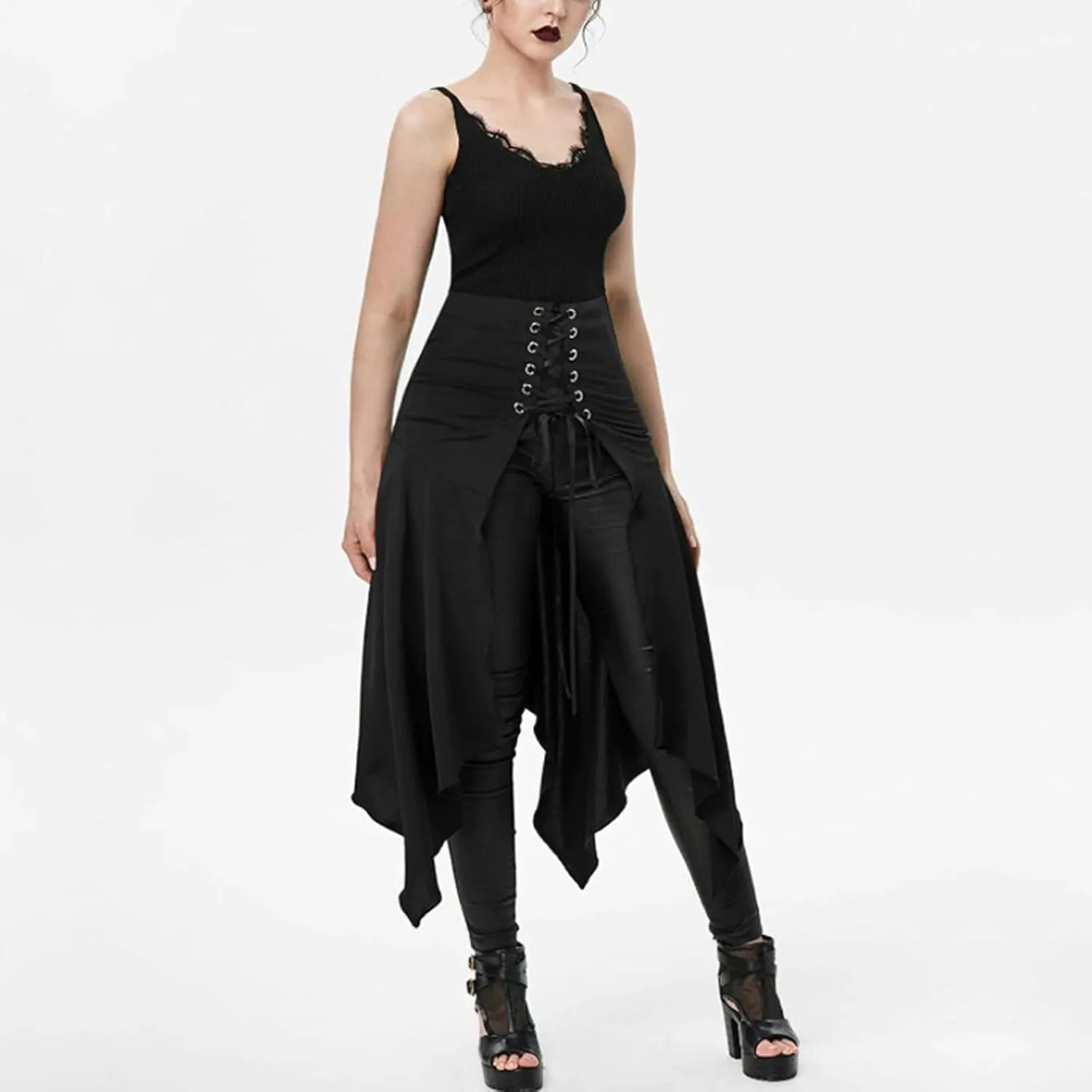 2025 Halloween Goth High Waisted Long Skirts for Women Trendy Asymmetrical High Split Skirts Hem Ruched Flowy Skirt
