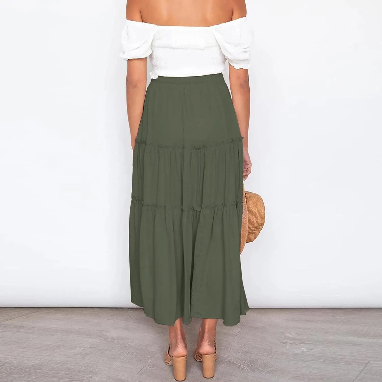 Beach Skirt for Summer Vacation High Elastic Waist Casual A Line Loose Solid Long Skirts for Women Trendy Clothes