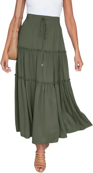 Beach Skirt for Summer Vacation High Elastic Waist Casual A Line Loose Solid Long Skirts for Women Trendy Clothes