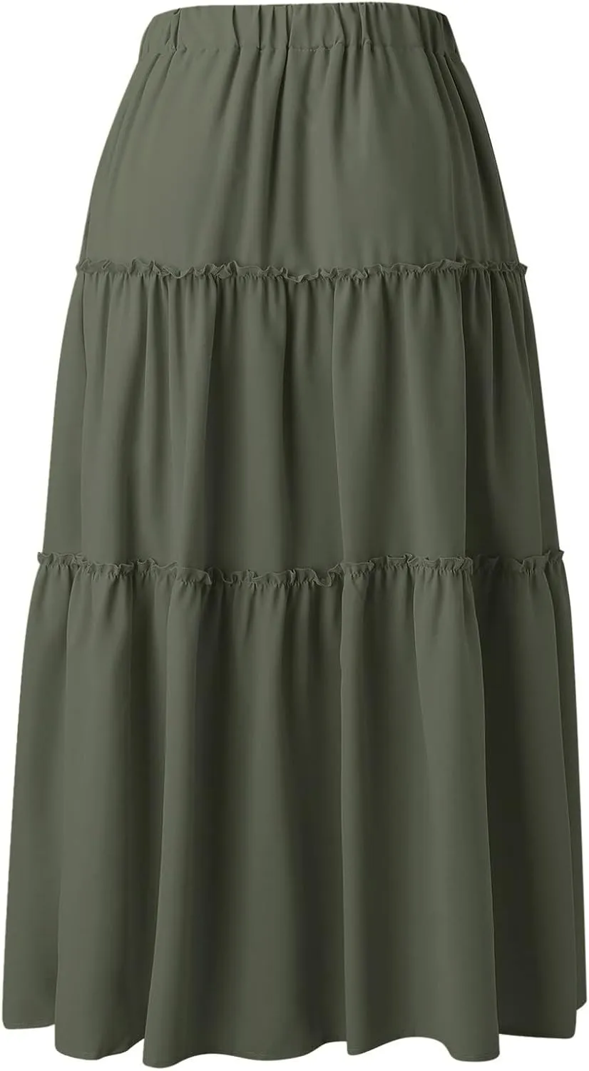 Beach Skirt for Summer Vacation High Elastic Waist Casual A Line Loose Solid Long Skirts for Women Trendy Clothes