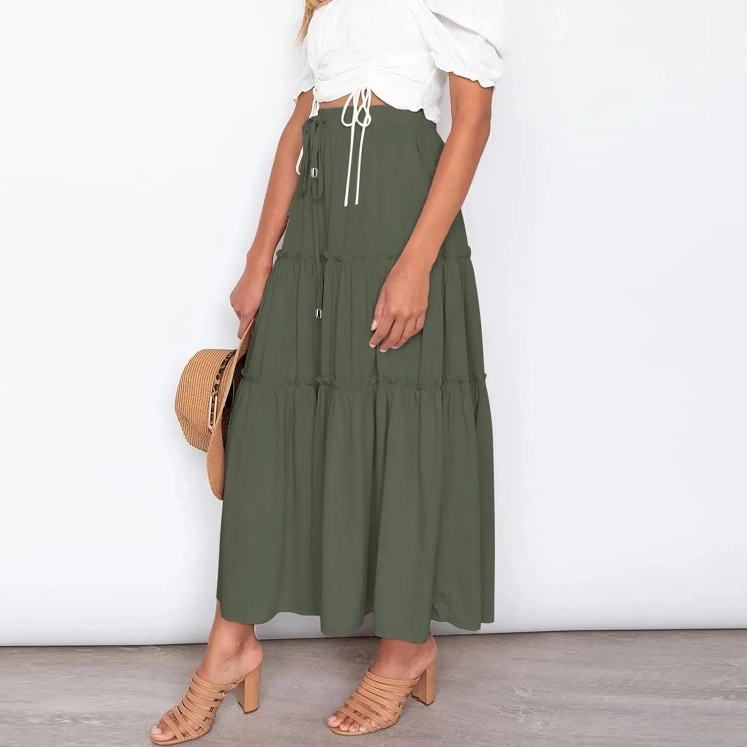 Beach Skirt for Summer Vacation High Elastic Waist Casual A Line Loose Solid Long Skirts for Women Trendy Clothes