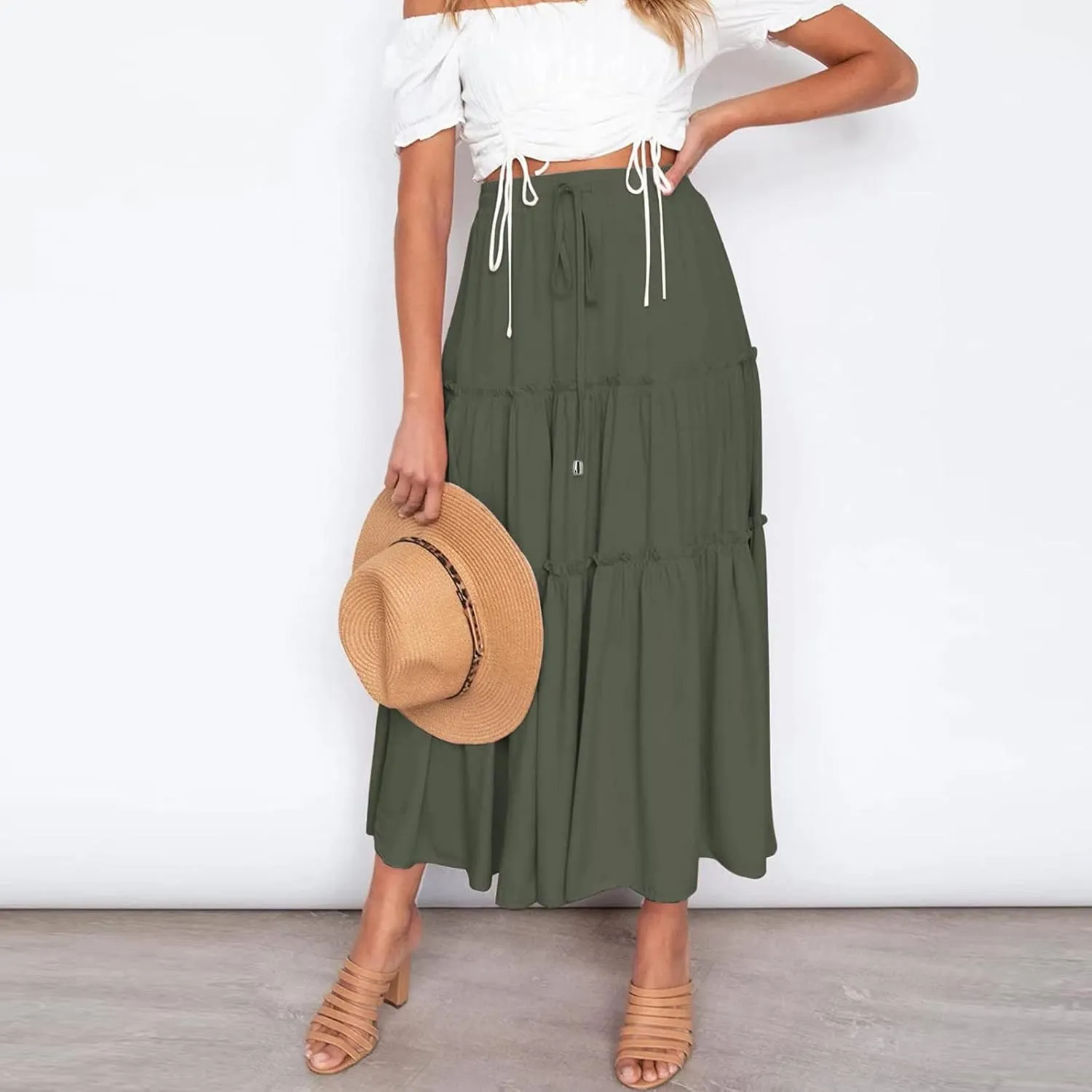 Beach Skirt for Summer Vacation High Elastic Waist Casual A Line Loose Solid Long Skirts for Women Trendy Clothes