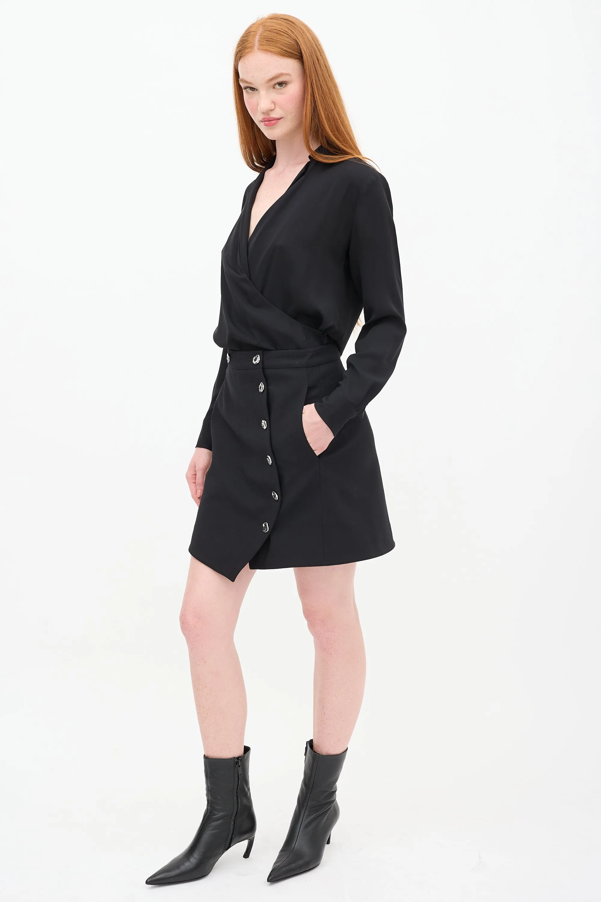 Black Asymmetrical Button Wrap Skirt