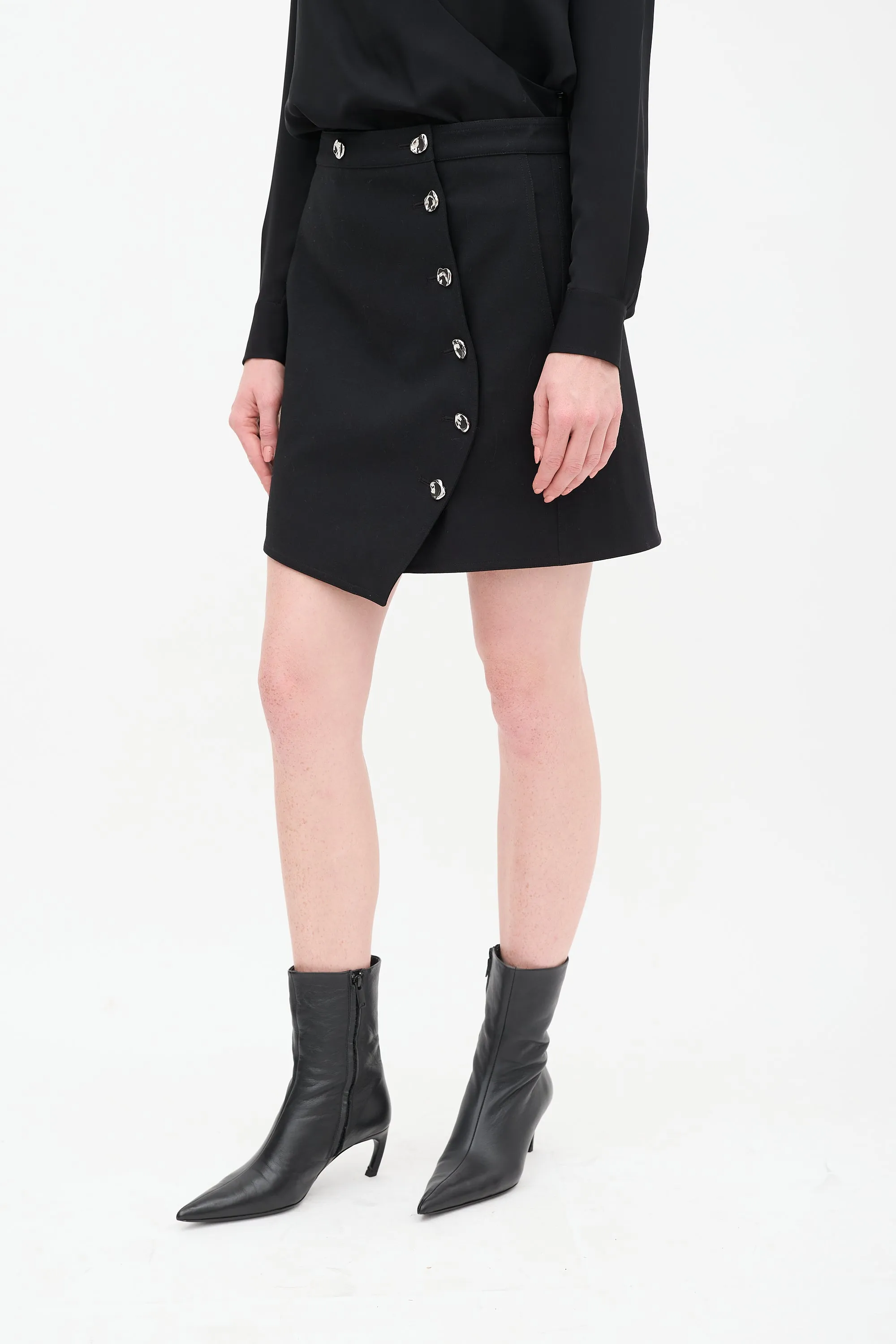 Black Asymmetrical Button Wrap Skirt