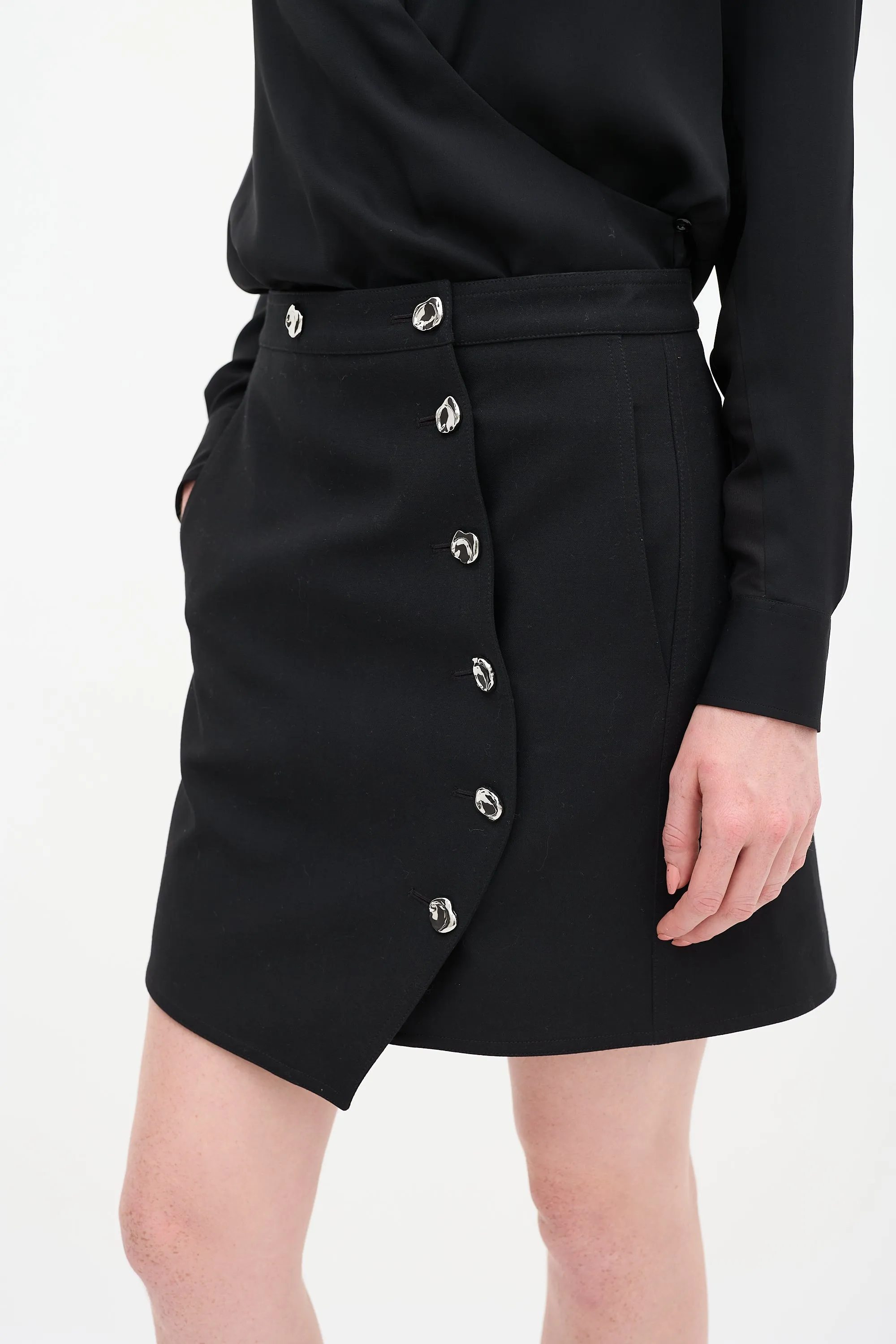 Black Asymmetrical Button Wrap Skirt