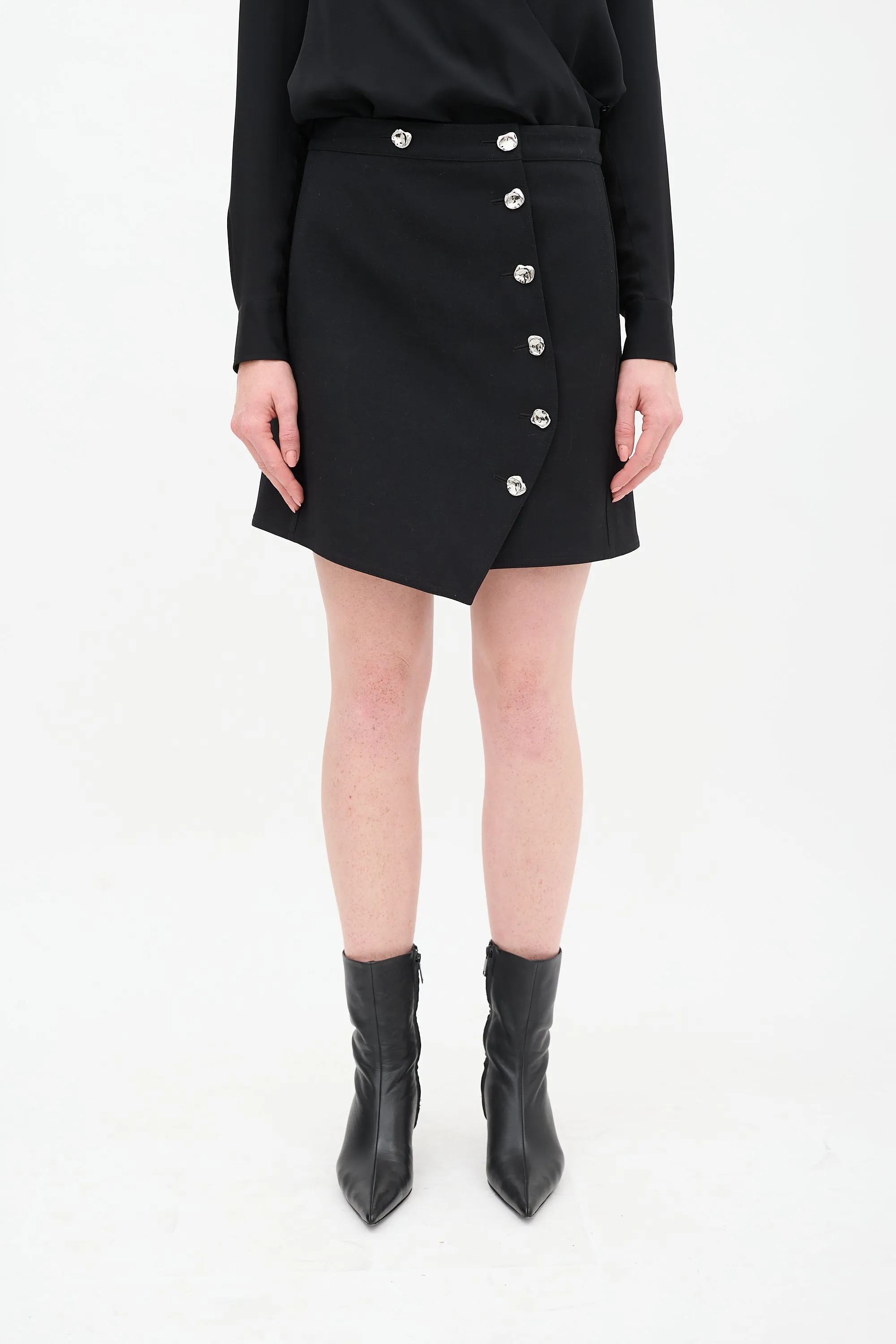 Black Asymmetrical Button Wrap Skirt