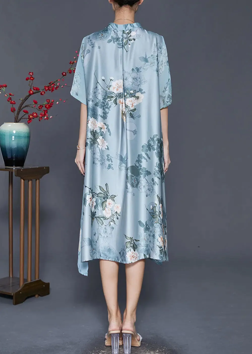 Blue Print Silk Fake Two Piece Dresses Tasseled Summer ML0368