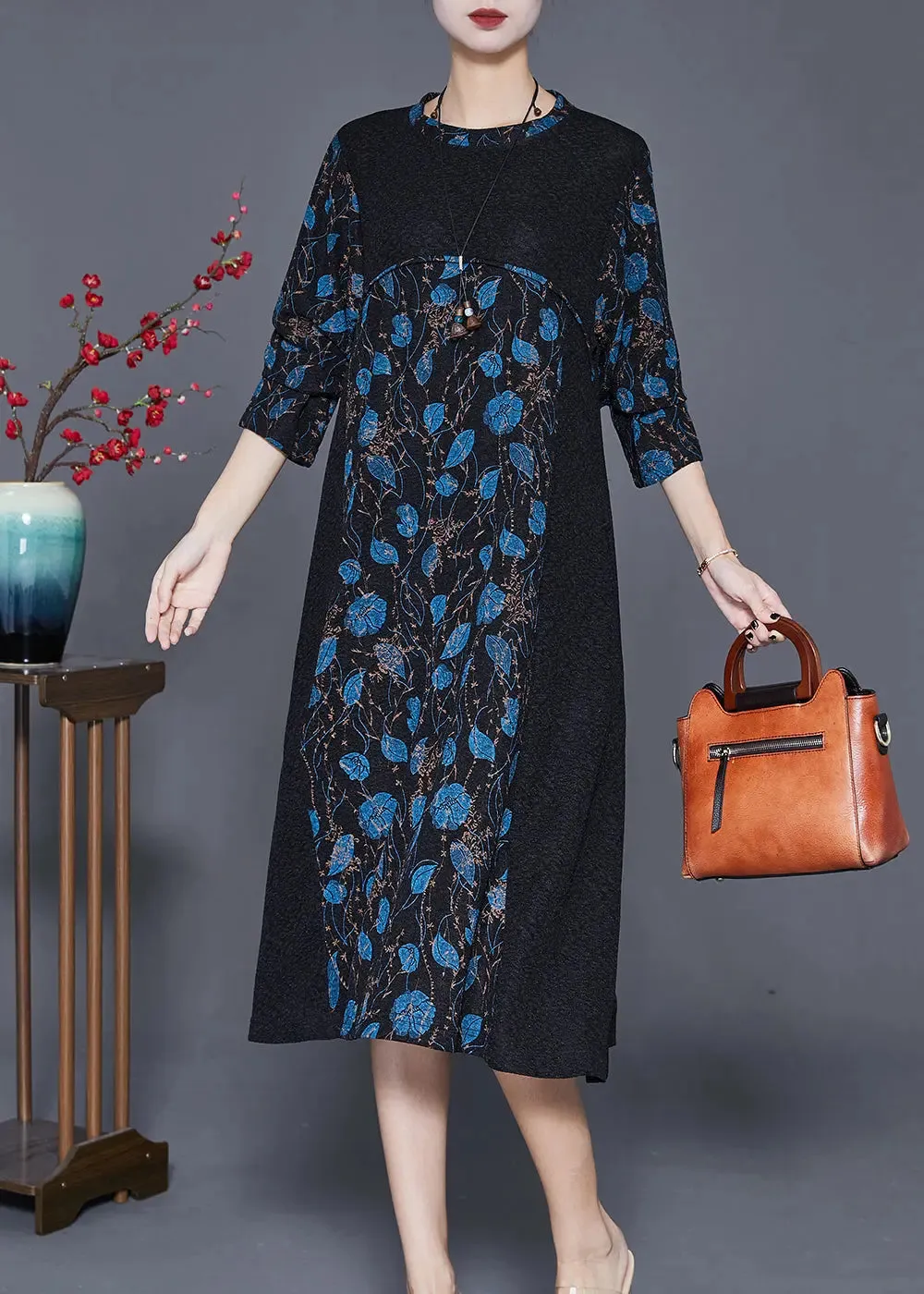 Blue Print Spandex Vacation Dresses Silm Fit Bracelet Sleeve ML0405