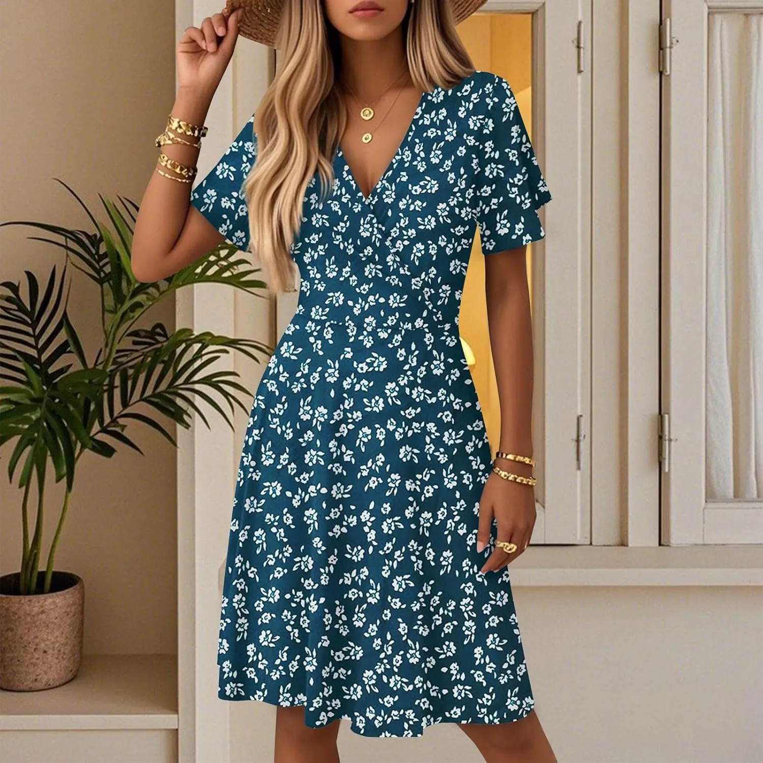 Boho Summer Dress for Women 2025 V Neck Casual Floral Wrap Dresses Short Sleeve A-Line Midi Vacation Beach Sundress