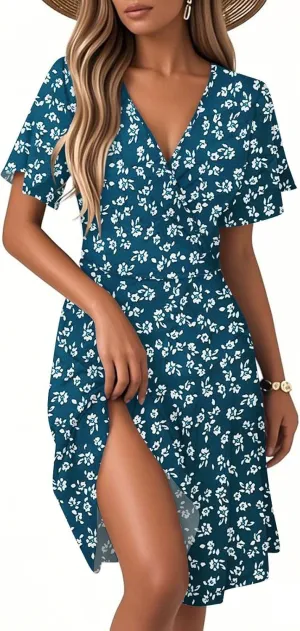 Boho Summer Dress for Women 2025 V Neck Casual Floral Wrap Dresses Short Sleeve A-Line Midi Vacation Beach Sundress