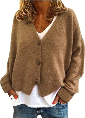 Cardigan Sweater for Women Cropped Knit Cardigans Open Front V-Neck Crochet Solid Sweaters Long Sleeve Button Up Tops