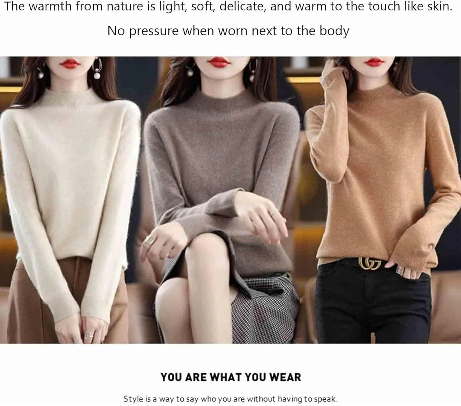 Cashmere Sweaters for Women Turtleneck, Long Sleeve Crew Neck Cotton Cashmere, Pullover Knit Jumpers