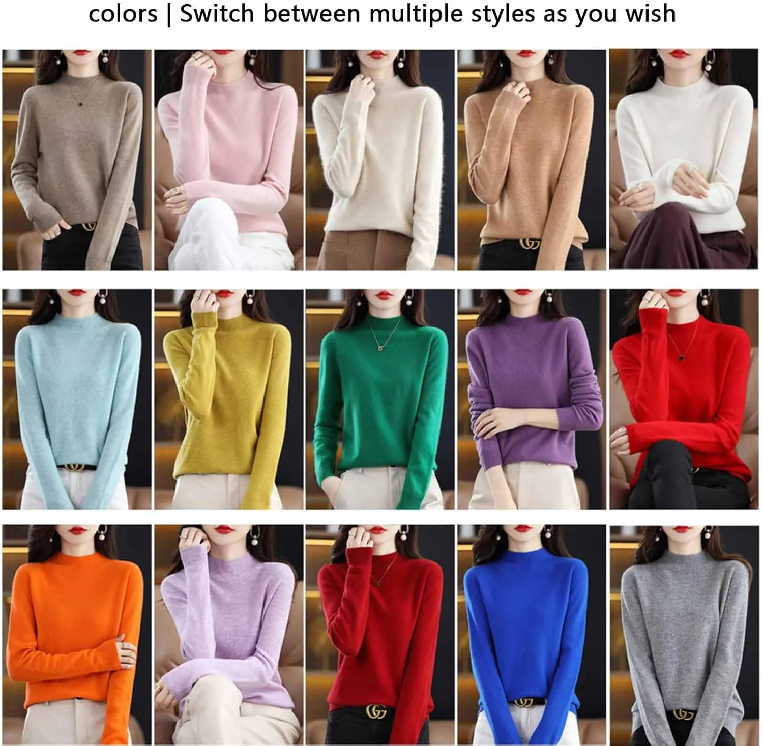Cashmere Sweaters for Women Turtleneck, Long Sleeve Crew Neck Cotton Cashmere, Pullover Knit Jumpers