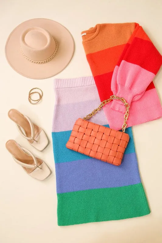 Chic High-Waisted Midi Sweater Multicolor Skirt