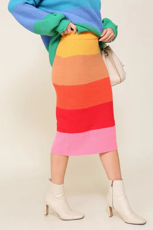 Chic High-Waisted Midi Sweater Multicolor Skirt