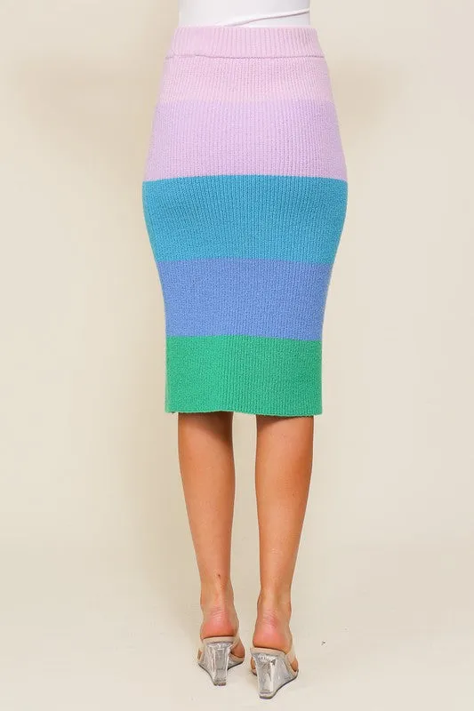 Chic High-Waisted Midi Sweater Multicolor Skirt