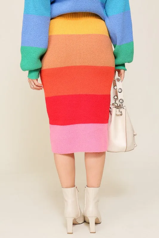 Chic High-Waisted Midi Sweater Multicolor Skirt