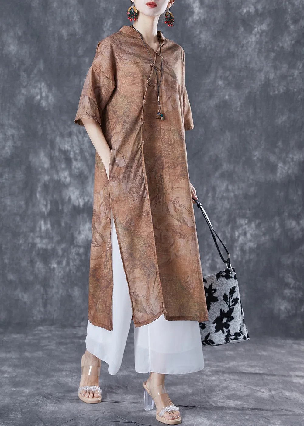Coffee Print Oriental Linen Long Dresses V Neck Side Open Summer TA1053