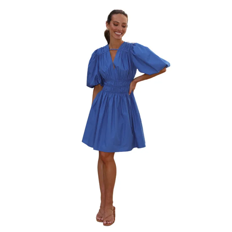 Deep V-neck High Waist Dopamine Dress