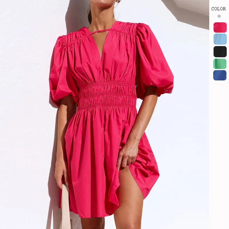Deep V-neck High Waist Dopamine Dress