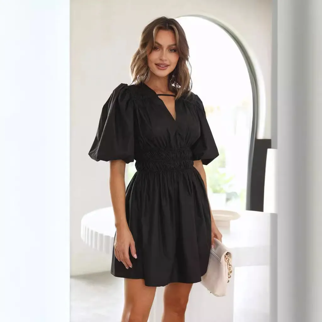 Deep V-neck High Waist Dopamine Dress