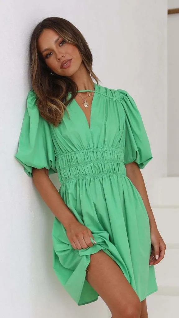 Deep V-neck High Waist Dopamine Dress