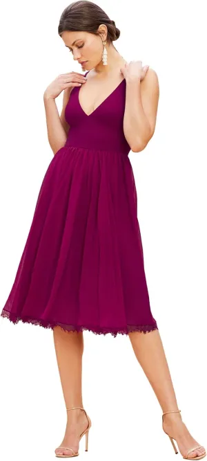 Dress the Population Women's Alicia Plunging Mix Media Sleeveless Fit and Flare Midi Dress