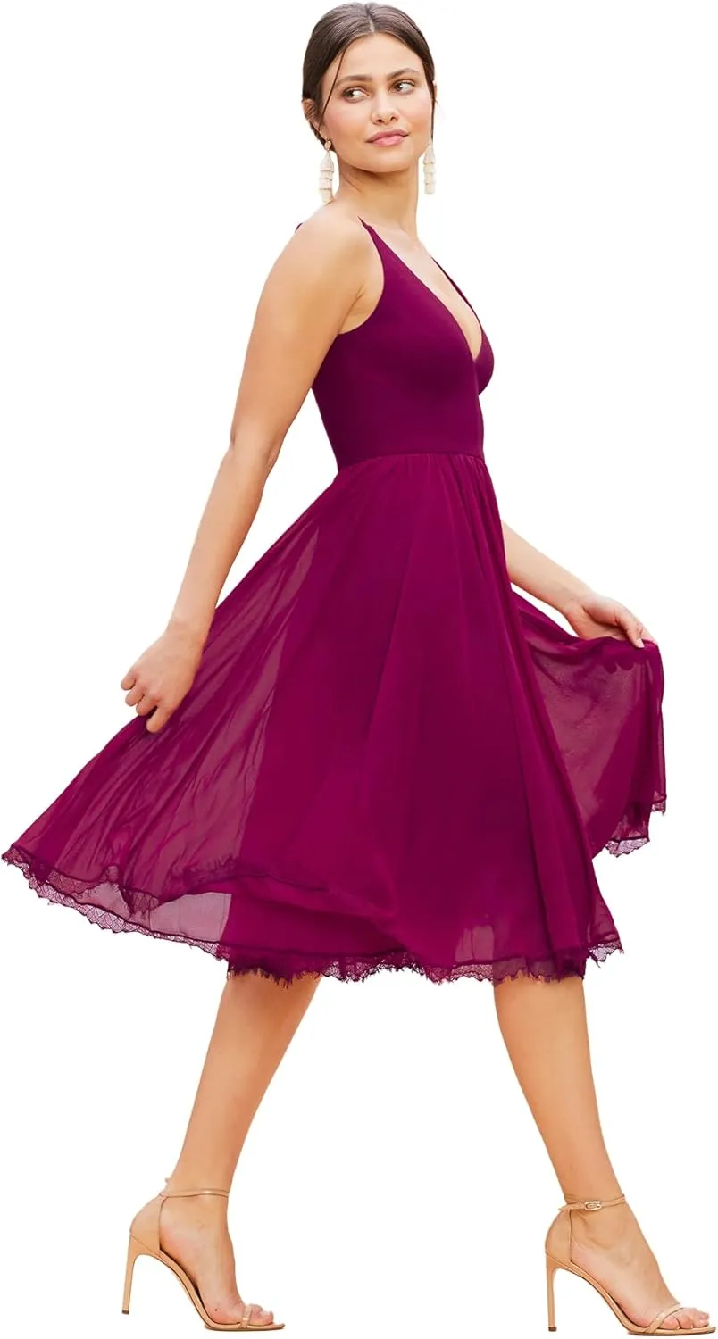 Dress the Population Women's Alicia Plunging Mix Media Sleeveless Fit and Flare Midi Dress