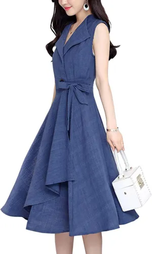 ebossy Women's Lapel Collar Sleeveless Fit and Flare Cotton Linen Tie Waist Wrap Midi Dress