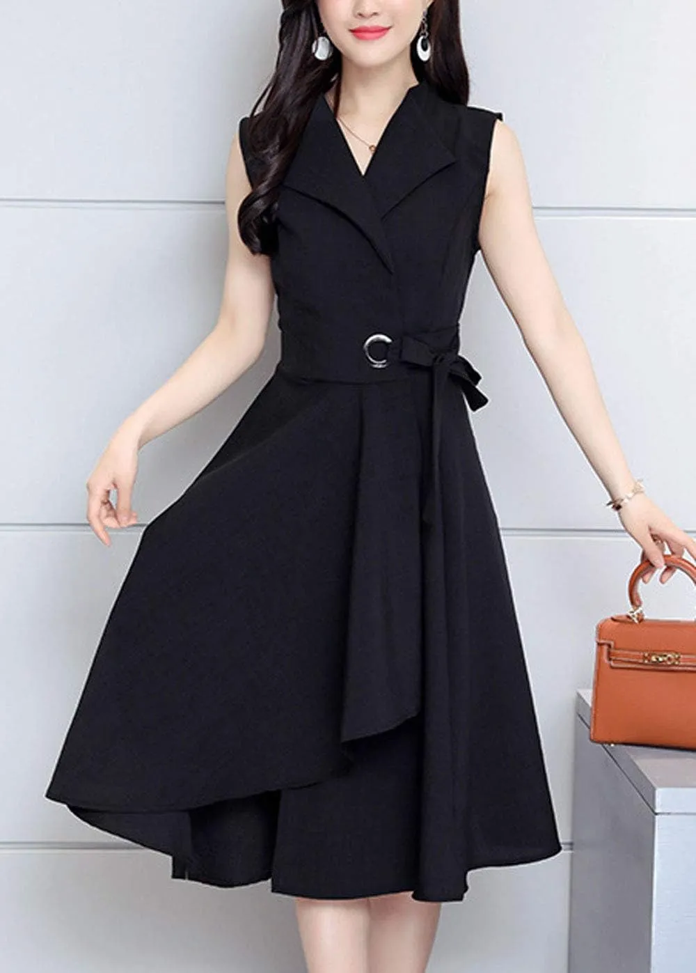 ebossy Women's Lapel Collar Sleeveless Fit and Flare Cotton Linen Tie Waist Wrap Midi Dress