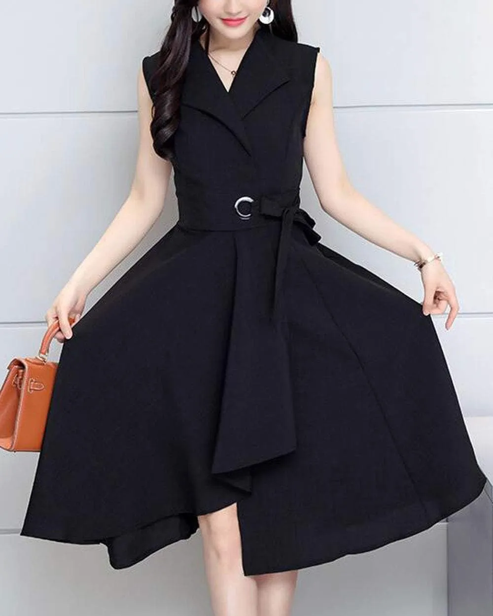ebossy Women's Lapel Collar Sleeveless Fit and Flare Cotton Linen Tie Waist Wrap Midi Dress