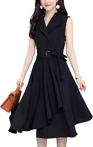 ebossy Women's Lapel Collar Sleeveless Fit and Flare Cotton Linen Tie Waist Wrap Midi Dress