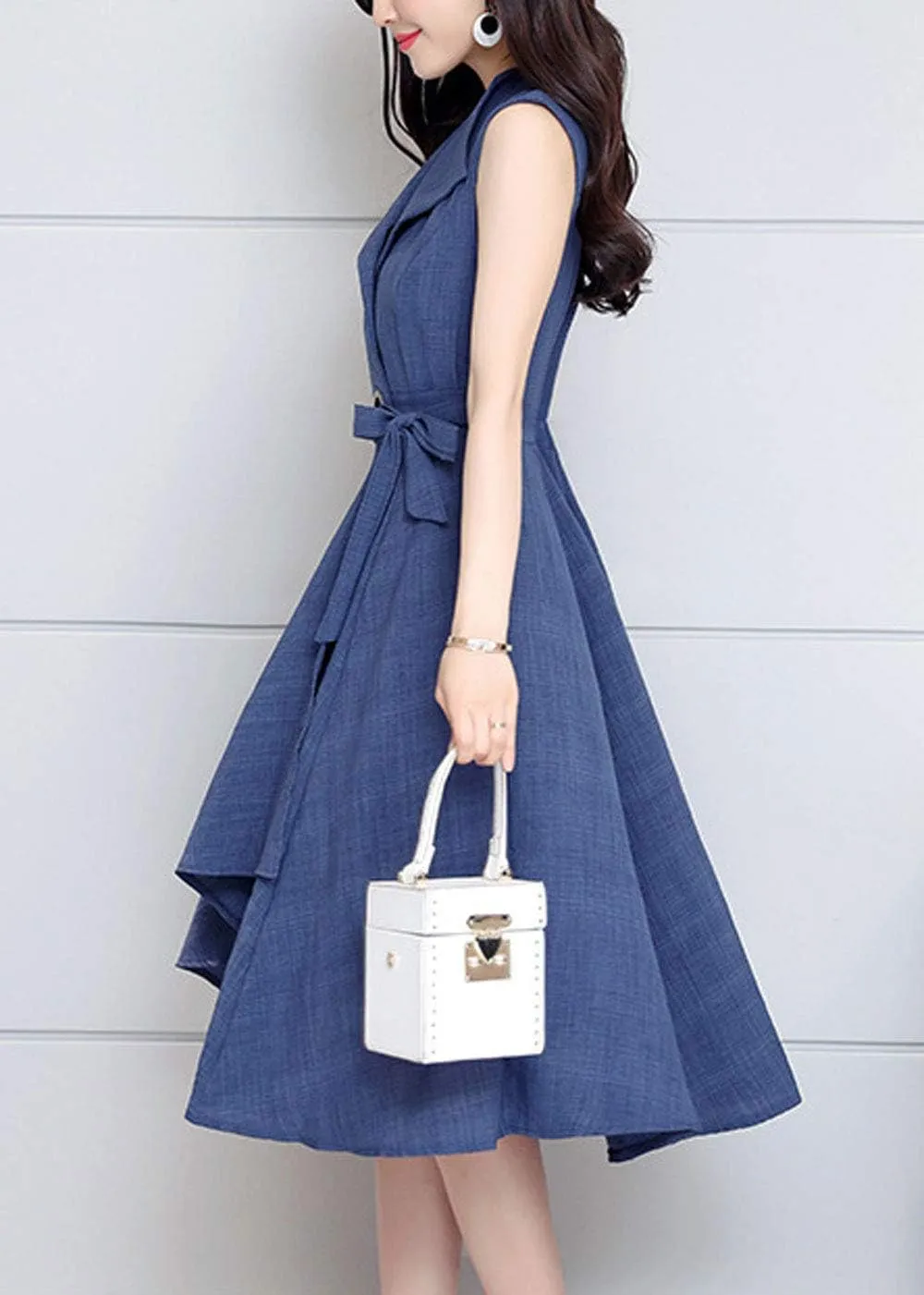 ebossy Women's Lapel Collar Sleeveless Fit and Flare Cotton Linen Tie Waist Wrap Midi Dress