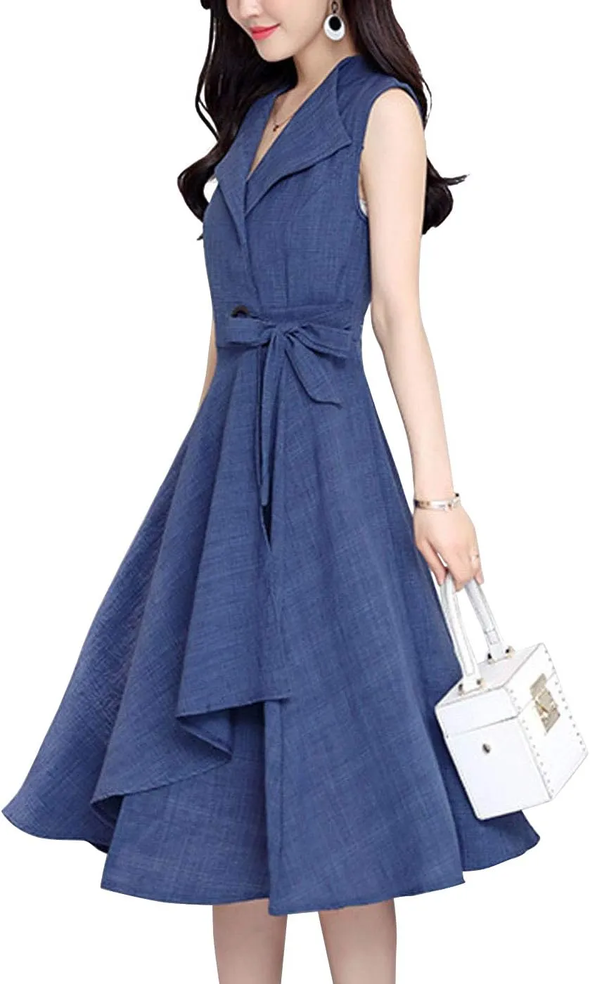 ebossy Women's Lapel Collar Sleeveless Fit and Flare Cotton Linen Tie Waist Wrap Midi Dress