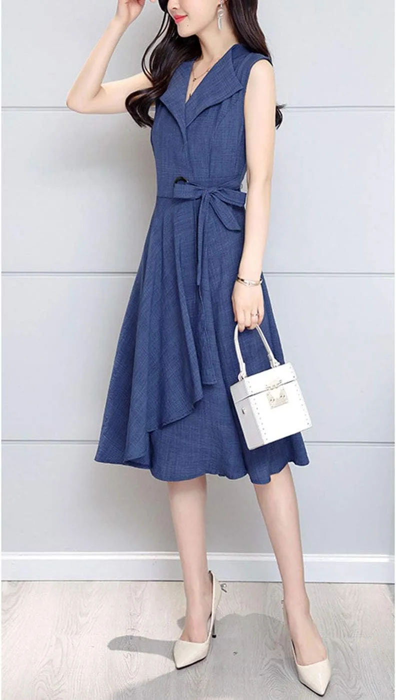 ebossy Women's Lapel Collar Sleeveless Fit and Flare Cotton Linen Tie Waist Wrap Midi Dress
