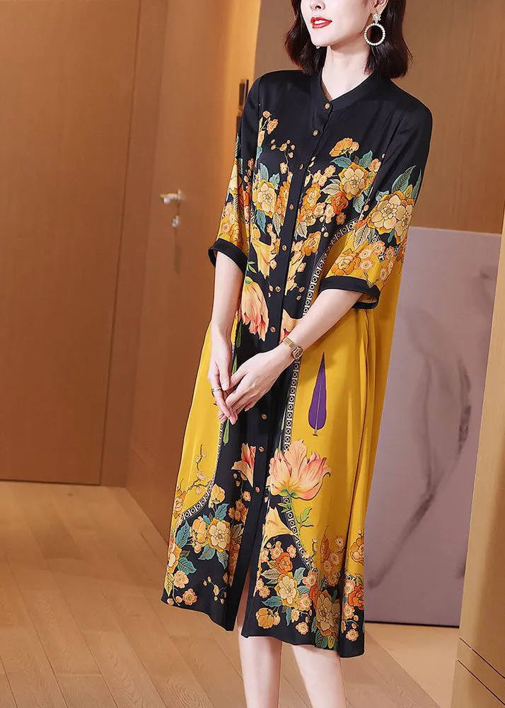 Fine Yellow Print Button Silk Long Shirts Dresses Summer LY7474