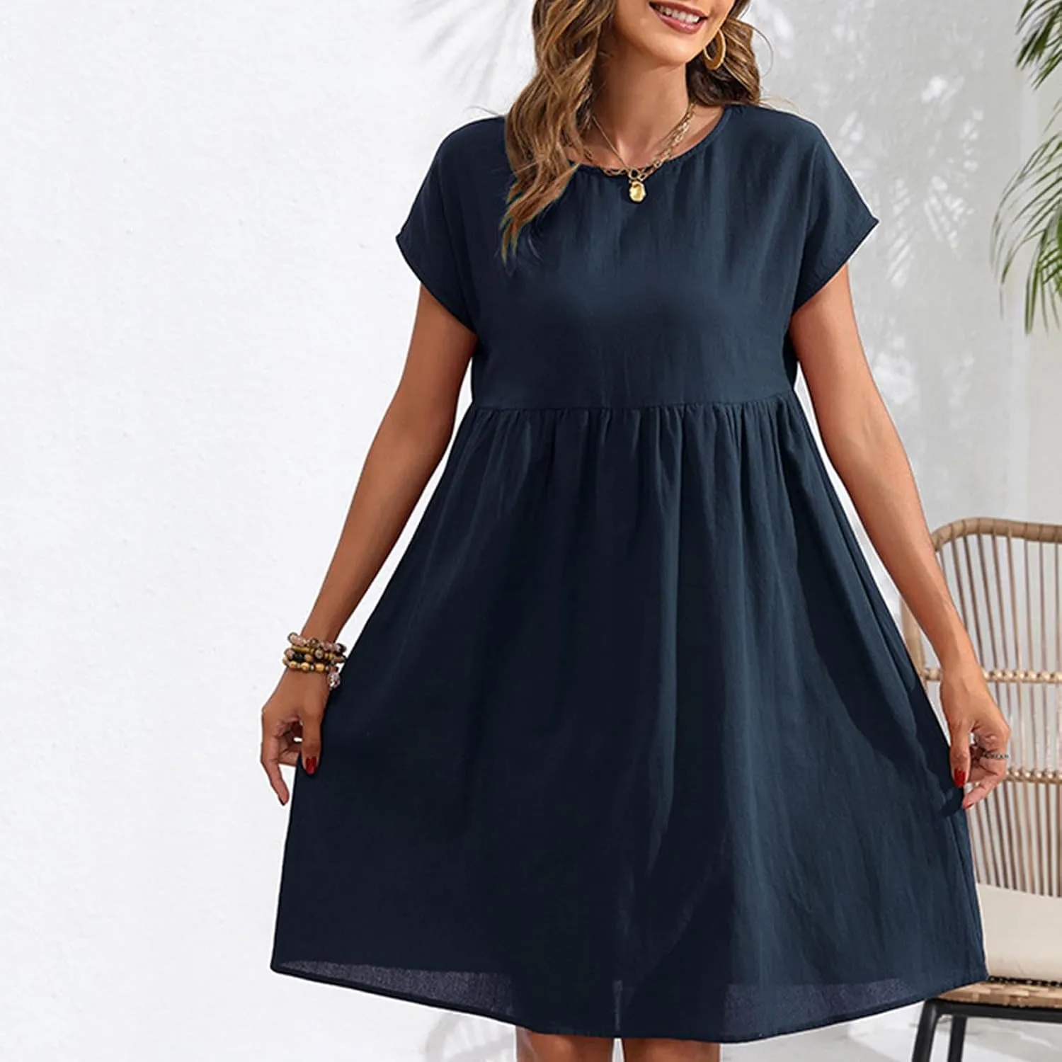 Finelylove Summer Dresses for Women 2025 Flowy Ruffled A Line Dress Short Sleeve Cotton Linen Dress Mini Beach Sundress