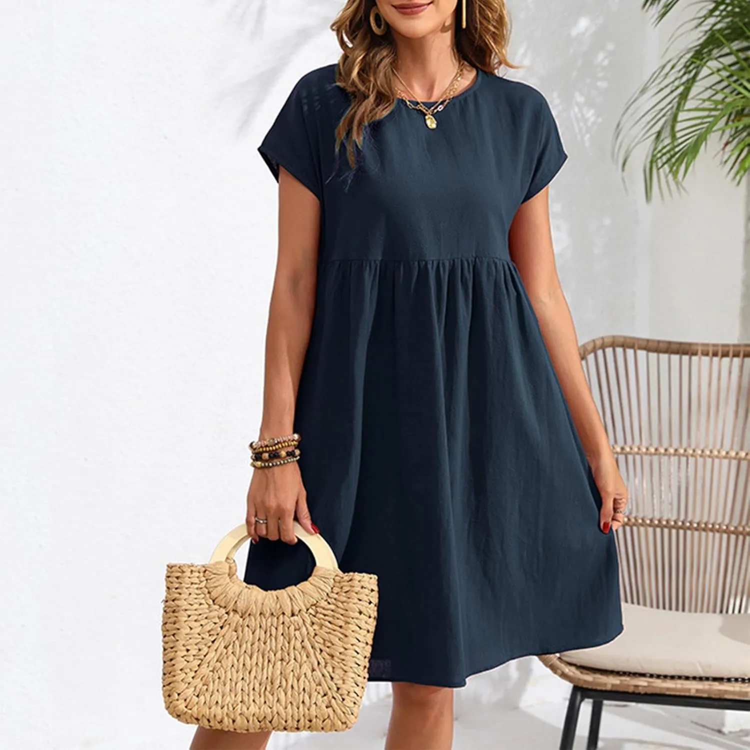 Finelylove Summer Dresses for Women 2025 Flowy Ruffled A Line Dress Short Sleeve Cotton Linen Dress Mini Beach Sundress