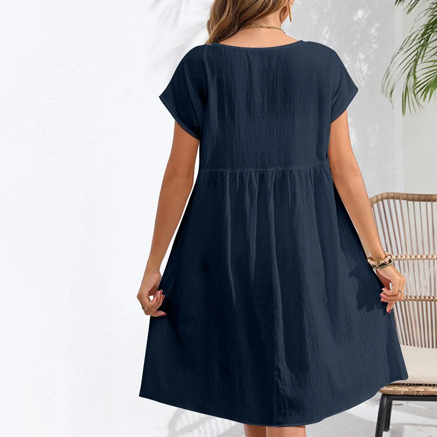Finelylove Summer Dresses for Women 2025 Flowy Ruffled A Line Dress Short Sleeve Cotton Linen Dress Mini Beach Sundress