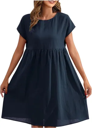 Finelylove Summer Dresses for Women 2025 Flowy Ruffled A Line Dress Short Sleeve Cotton Linen Dress Mini Beach Sundress