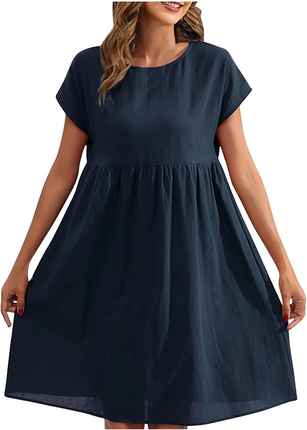 Finelylove Summer Dresses for Women 2025 Flowy Ruffled A Line Dress Short Sleeve Cotton Linen Dress Mini Beach Sundress