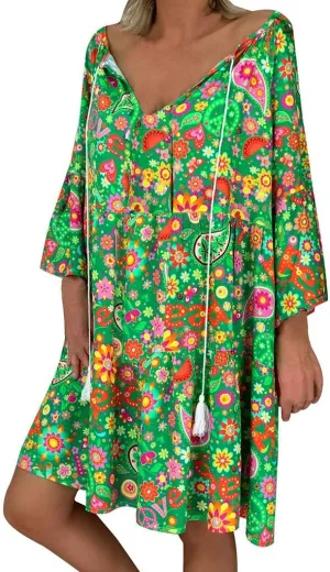 Floral Dresses for Women 2024 Plus Size Casual Loose Midi Dress V Neck Drawstring Long Sleeve Beach Summer Dresses