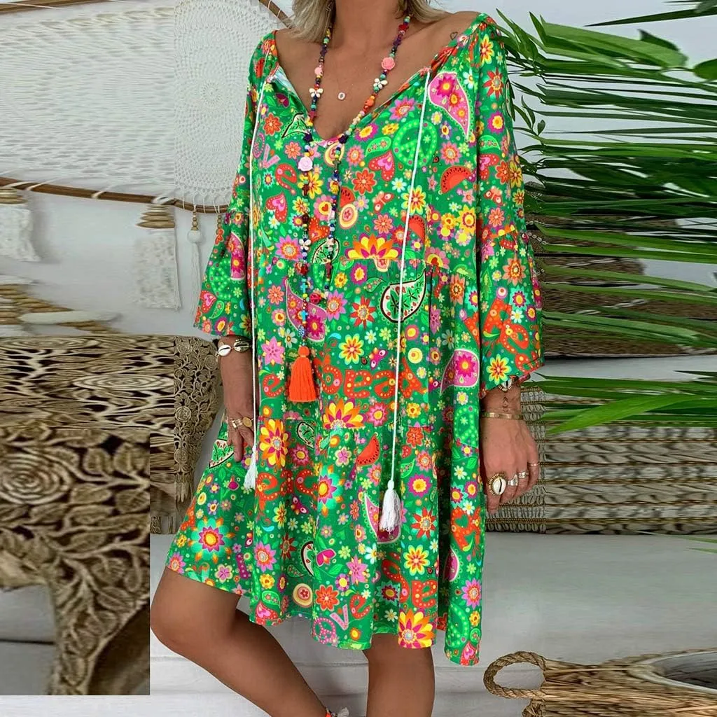 Floral Dresses for Women 2024 Plus Size Casual Loose Midi Dress V Neck Drawstring Long Sleeve Beach Summer Dresses