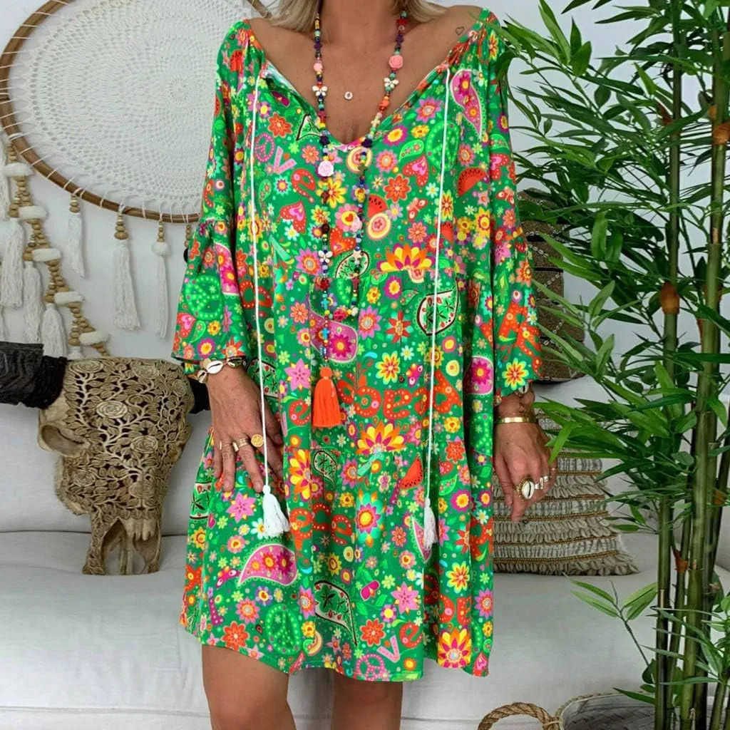 Floral Dresses for Women 2024 Plus Size Casual Loose Midi Dress V Neck Drawstring Long Sleeve Beach Summer Dresses
