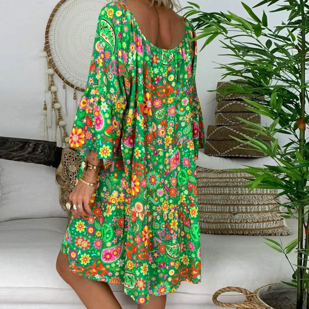 Floral Dresses for Women 2024 Plus Size Casual Loose Midi Dress V Neck Drawstring Long Sleeve Beach Summer Dresses