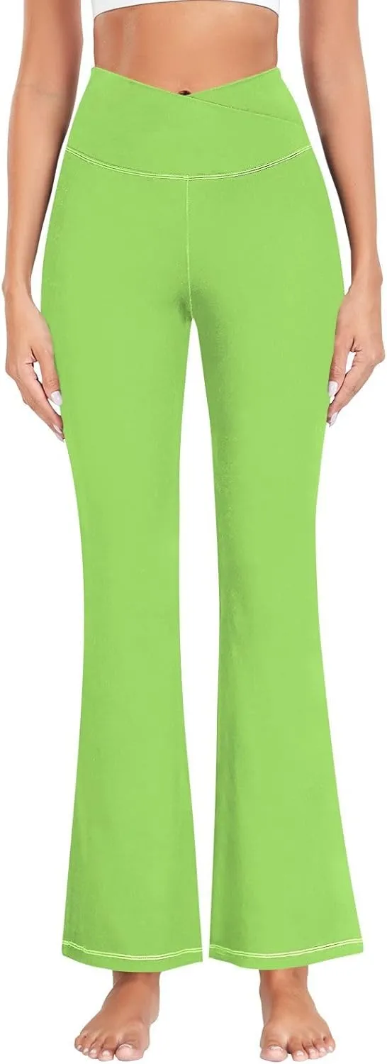 Grass Green Flare Legged Yoga Pants, High Waisted Tummy Control Yoga Pants, Fit and Flare Pants