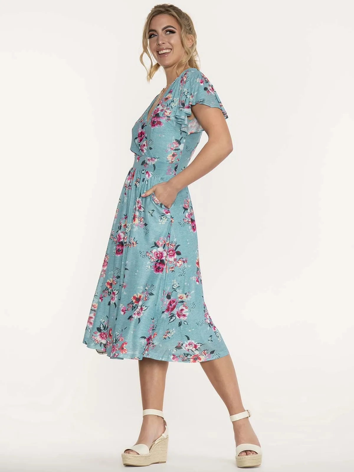 Jolie Moi Kiley Wrap Front Mesh Dress, Turquoise Floral