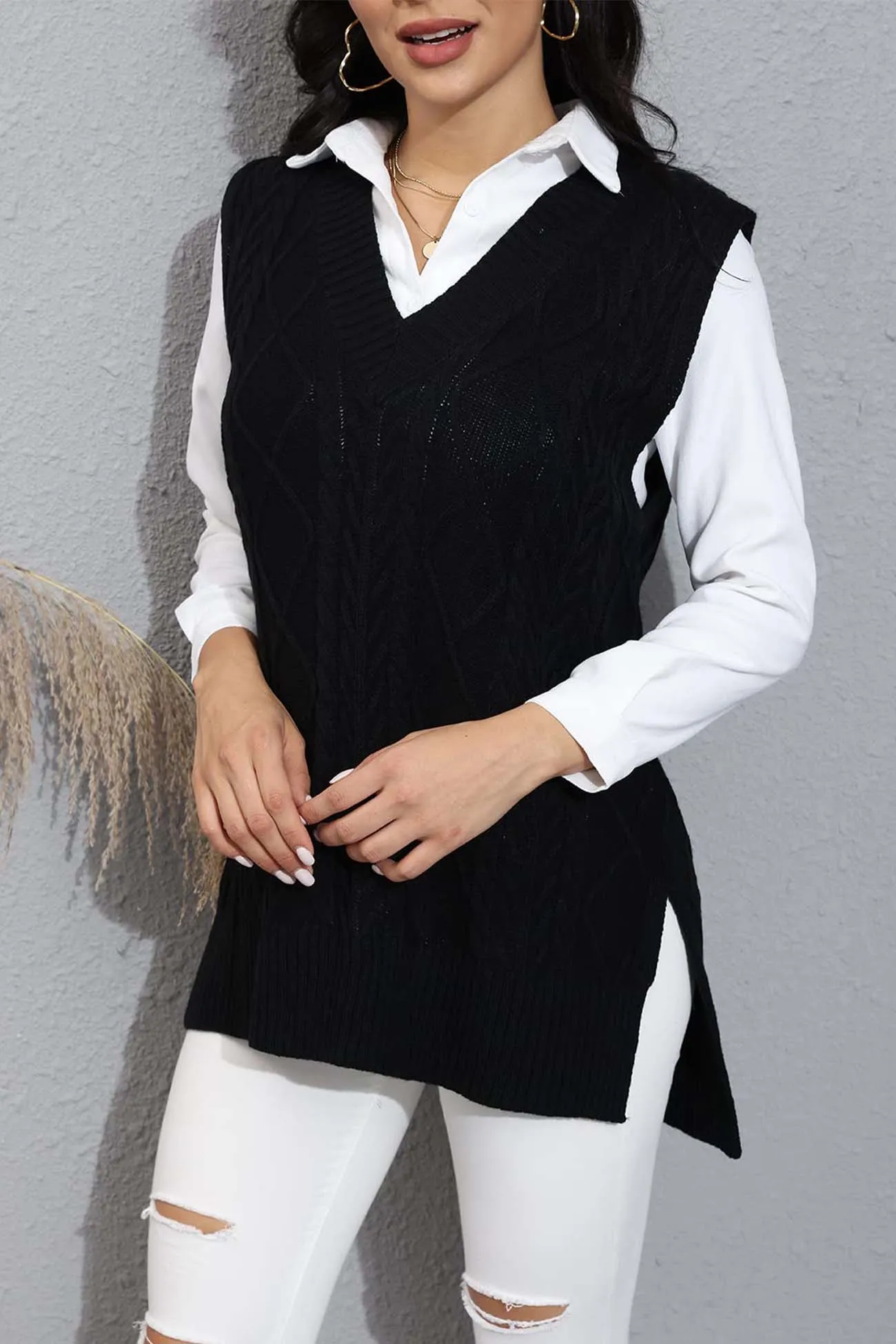 Joskaa V Neck Sleeveless Plaid Cable Knit Tank Top Sweaters